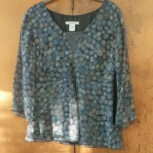 Nine West 3/4 Sleeve Blue/Gray Silk Blouse